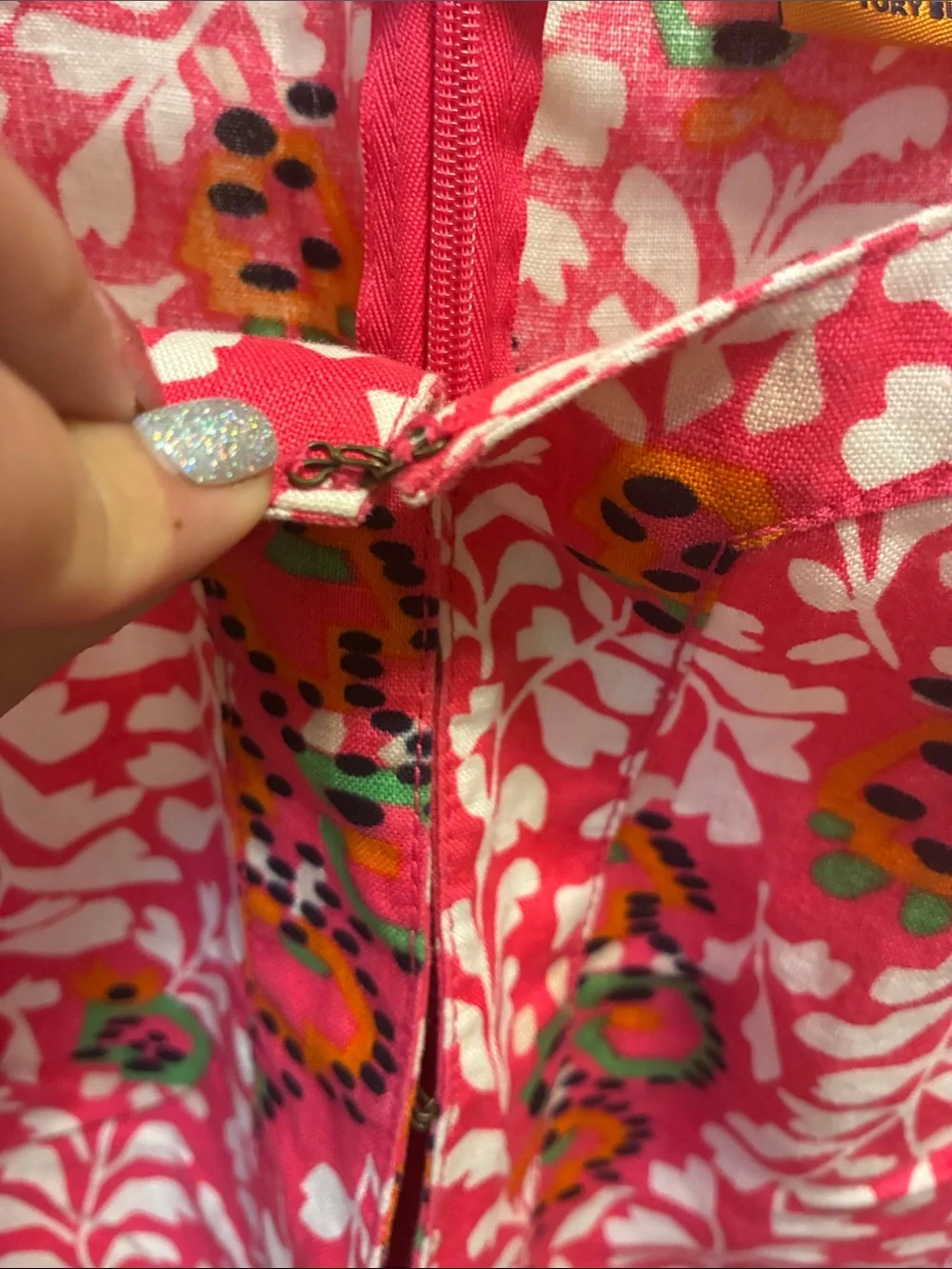 Tory Burch 100% linen Pink abstract Floral Tunic Top with 3/4 sleeves